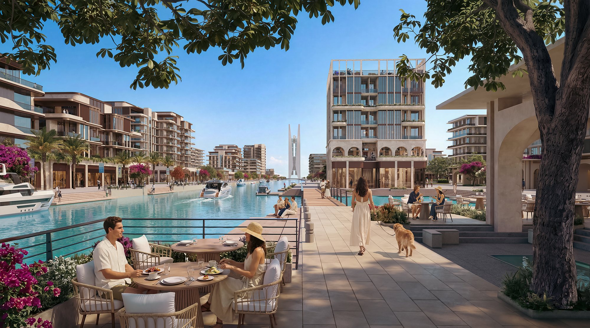 Canal walk lined with cafés and waterfront dining