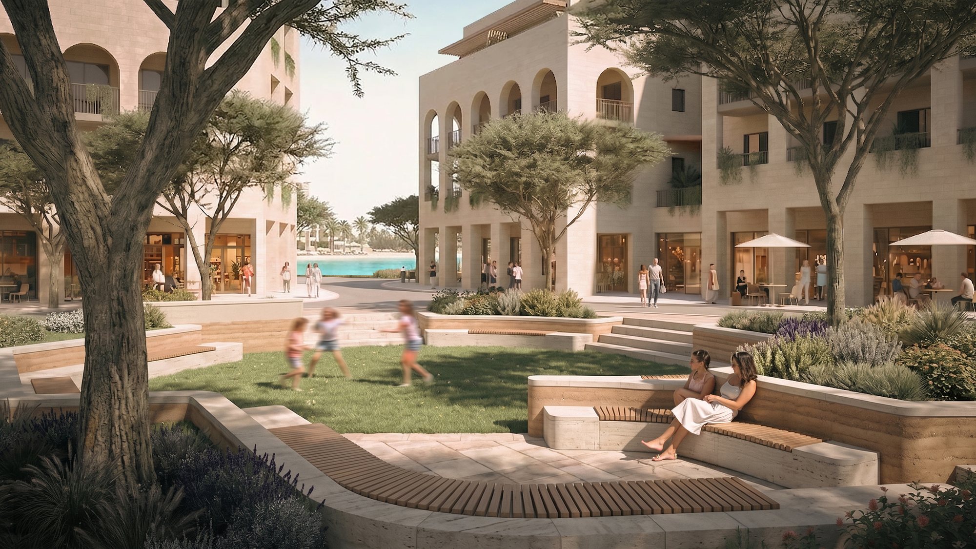 Walkable town centre with shaded streets and plazas